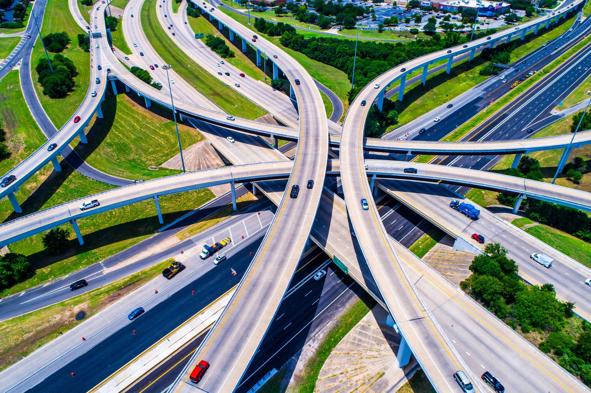 Aerial view looking down above Cross Over and Interchange Urban Sprawl Austin Texas Highway 183 and Mopac Expressway Interchange